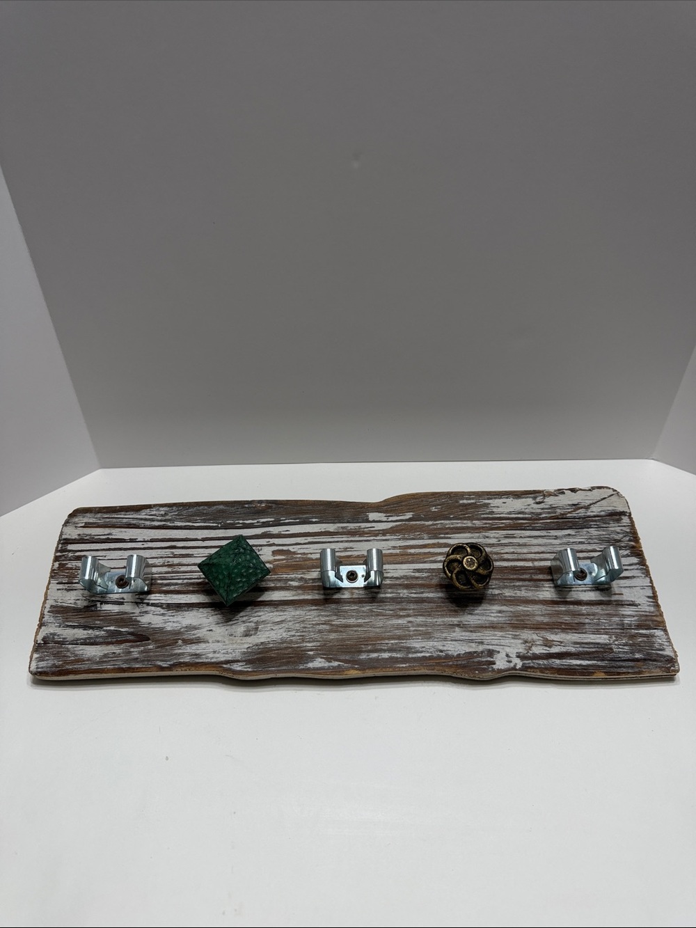 Hobby Lobby Whitewashed Wood Hook Rack with Green and Gold Accents